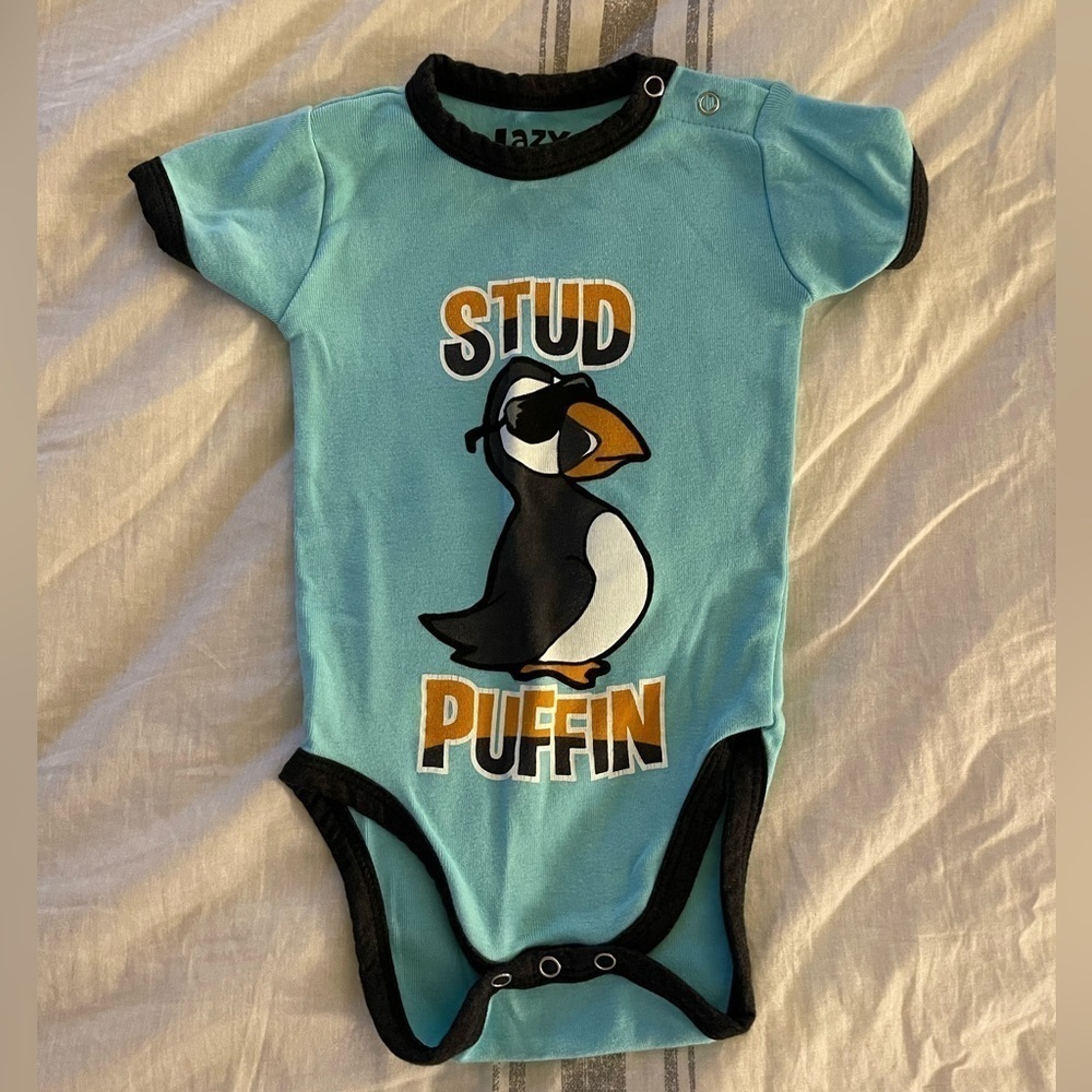 Lazy One | stud puffin light blue Maine onesie | baby boy 12 mo